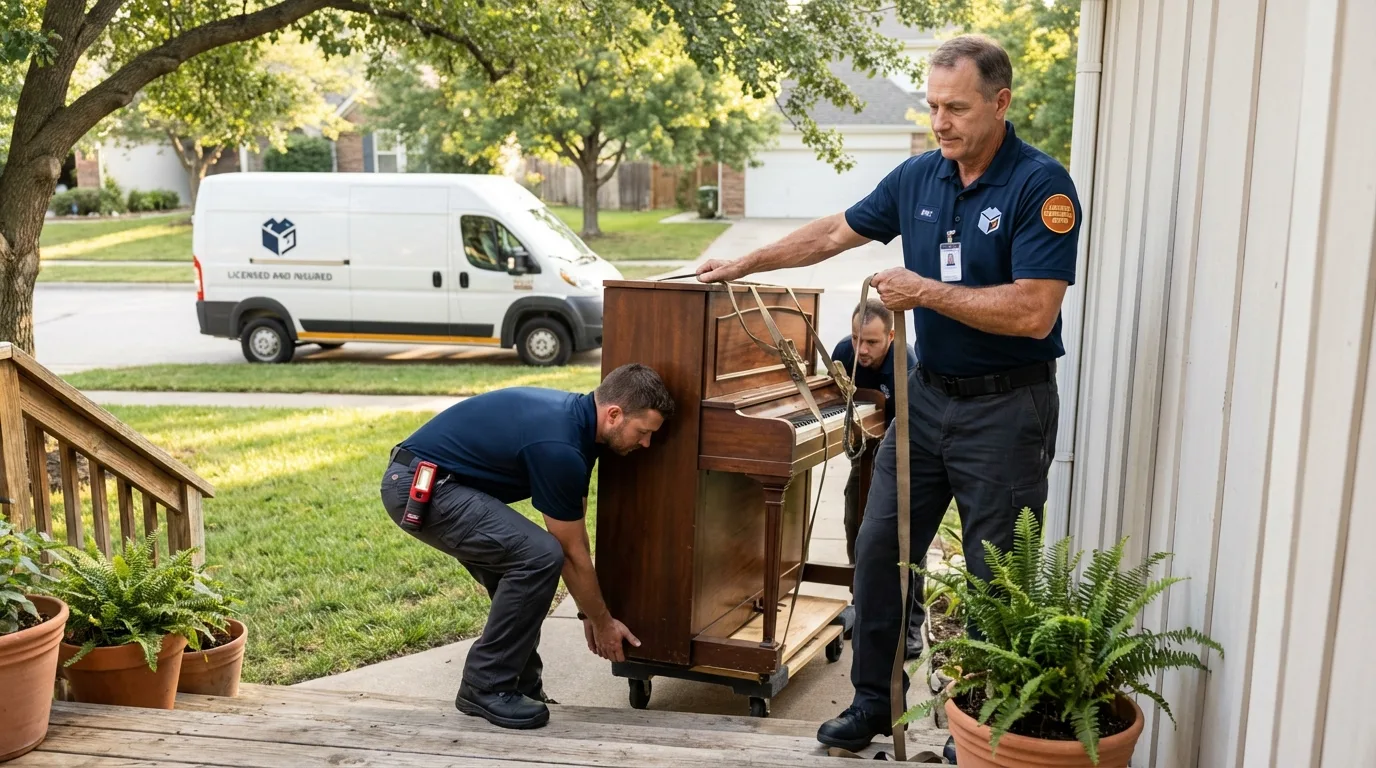 Licensed piano movers securing grand piano in White Pine, TN