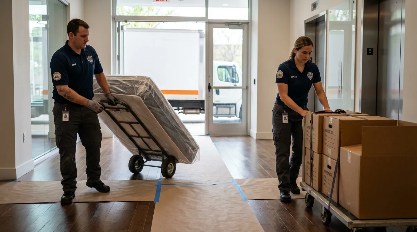 Professional apartment movers loading elevator in White Pine, TN
