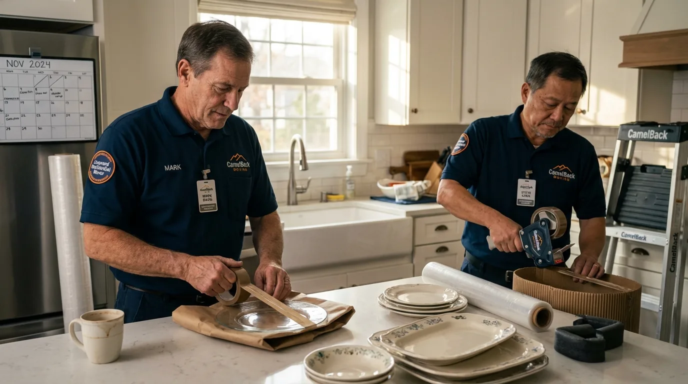 Professional crew packing kitchen dishware in White Pine, TN
